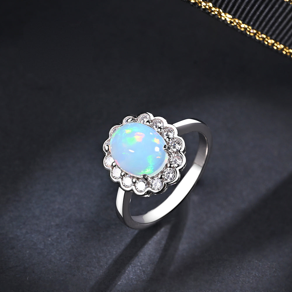 ‘Lavender’ Oval Opal Flower Halo Ring – front