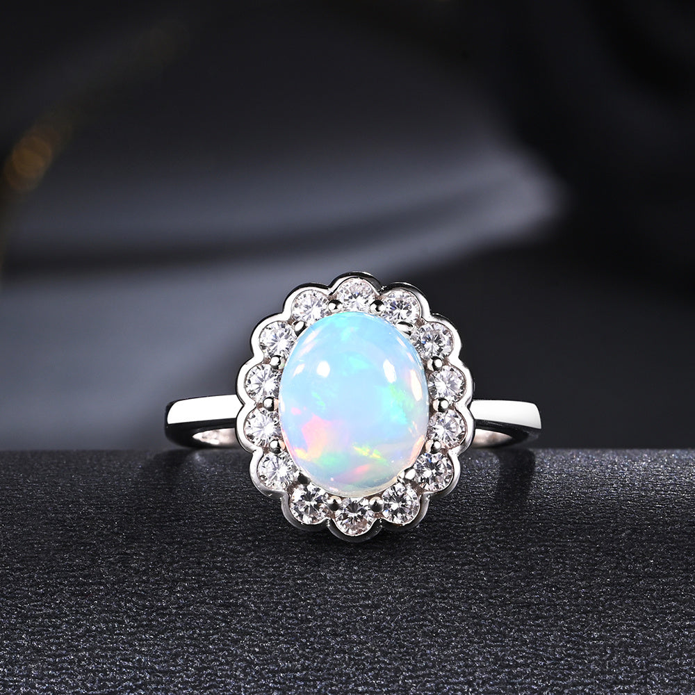 ‘Lavender’ Oval Opal Flower Halo Ring – front dark