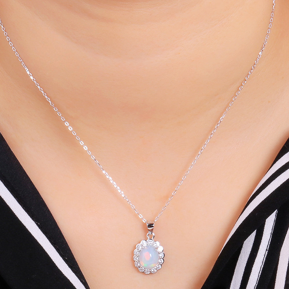 ‘Elsie’ Oval Opal Flower Halo Set – on neck