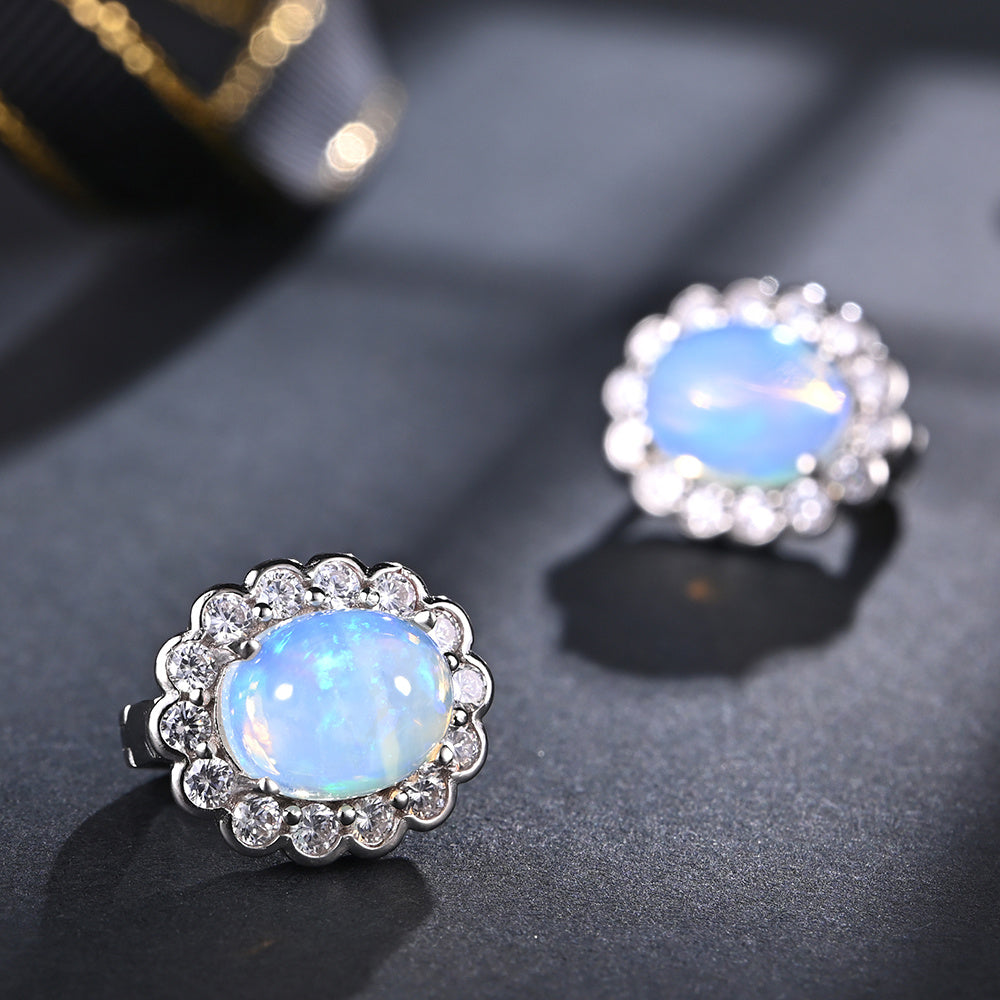 ‘Elsie’ Oval Opal Flower Halo Set – earrings angled