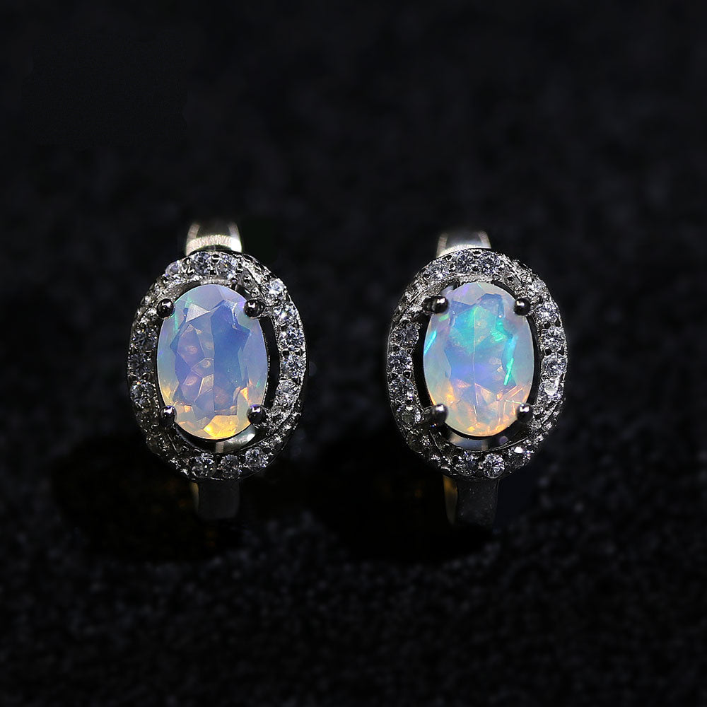 ‘Arlie’ Oval Opal Halo Clasp Earrings