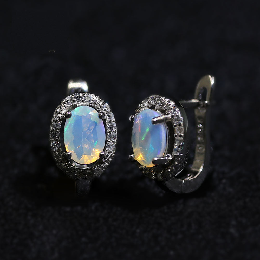 ‘Arlie’ Oval Opal Halo Clasp Earrings – front and side
