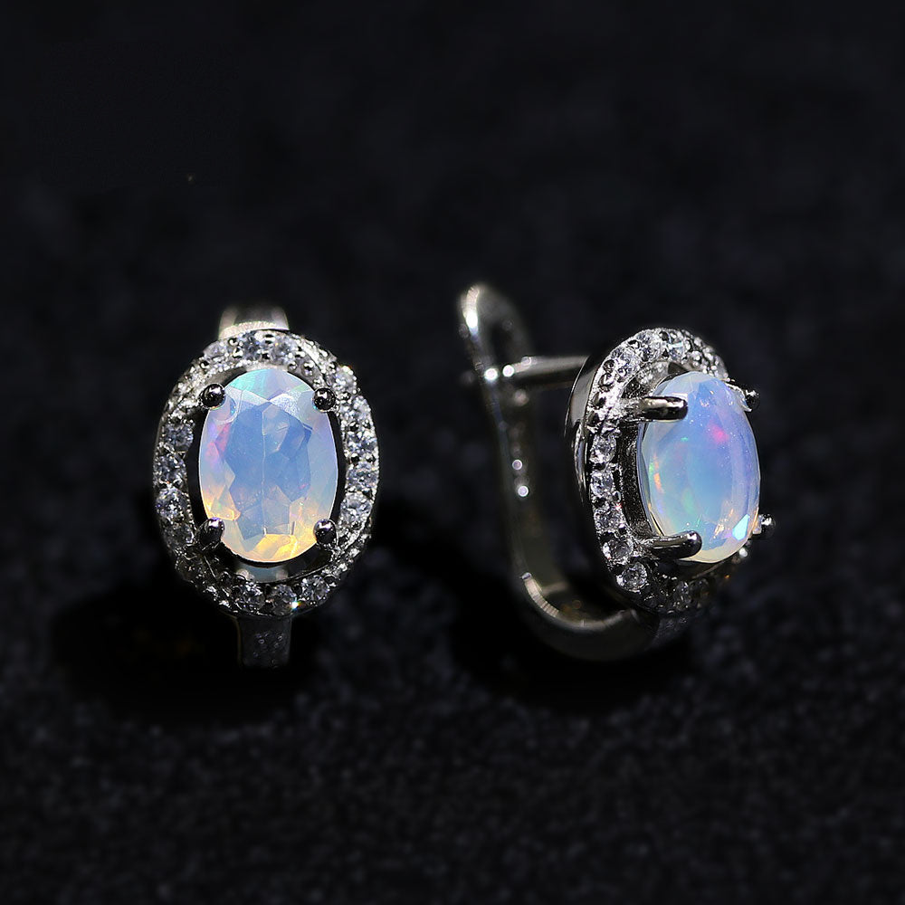 ‘Arlie’ Oval Opal Halo Clasp Earrings – side lever