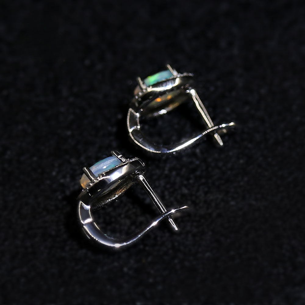 ‘Arlie’ Oval Opal Halo Clasp Earrings – open lever