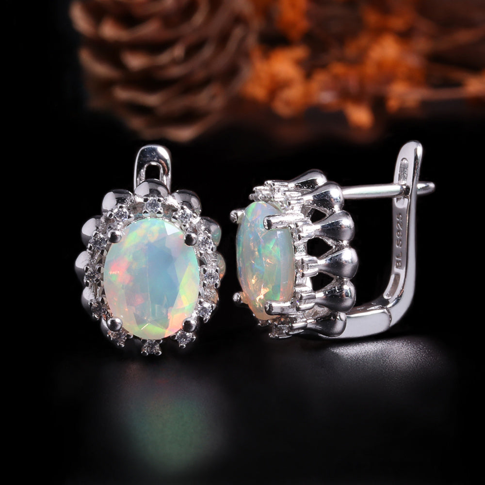 ‘Riley’ Oval Opal Halo Leverback Earrings