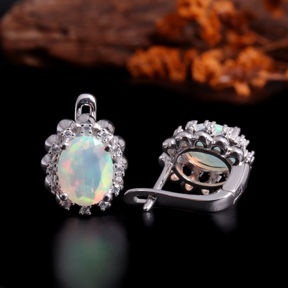 ‘Riley’ Oval Opal Halo Leverback Earrings – front and back