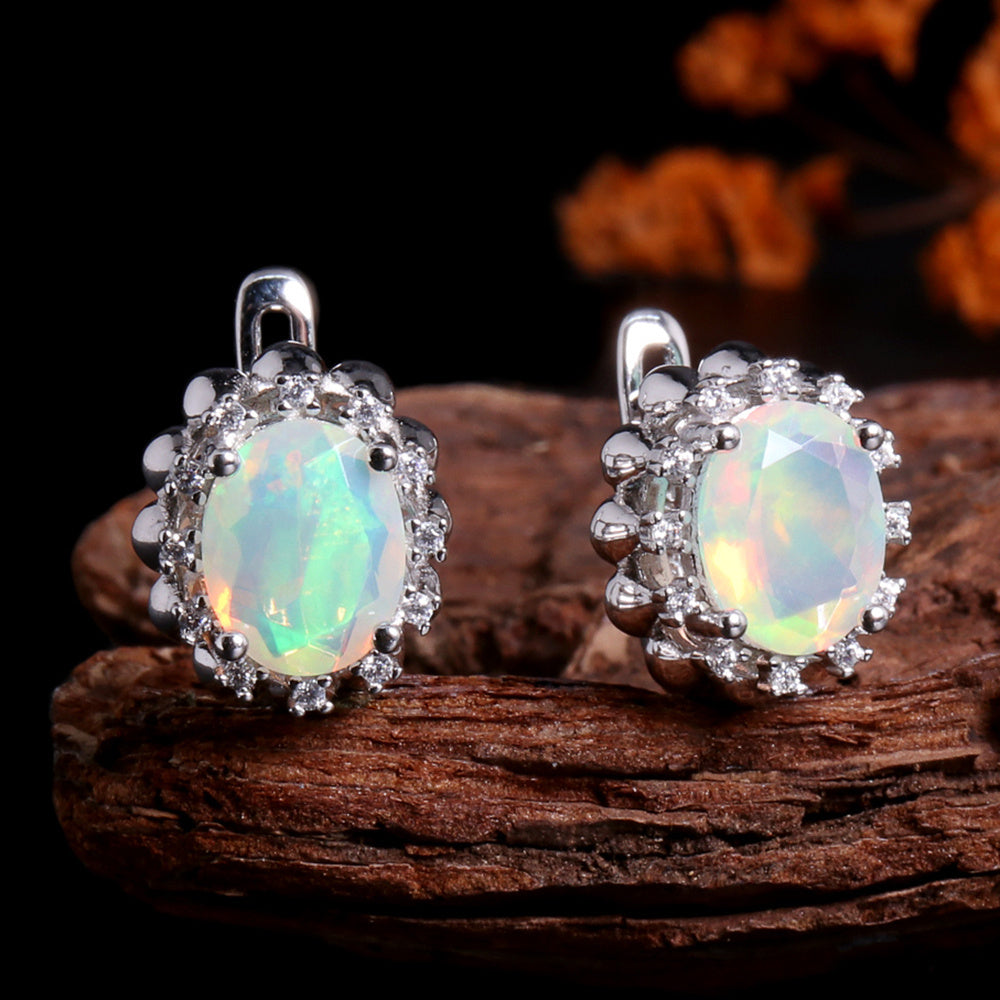 ‘Riley’ Oval Opal Halo Leverback Earrings – on wood