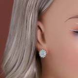 ‘Riley’ Oval Opal Halo Leverback Earrings – on ear