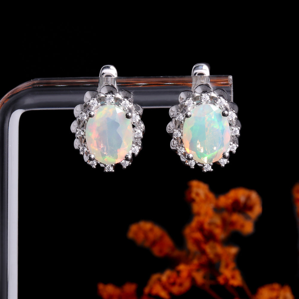 ‘Riley’ Oval Opal Halo Leverback Earrings – on display stand