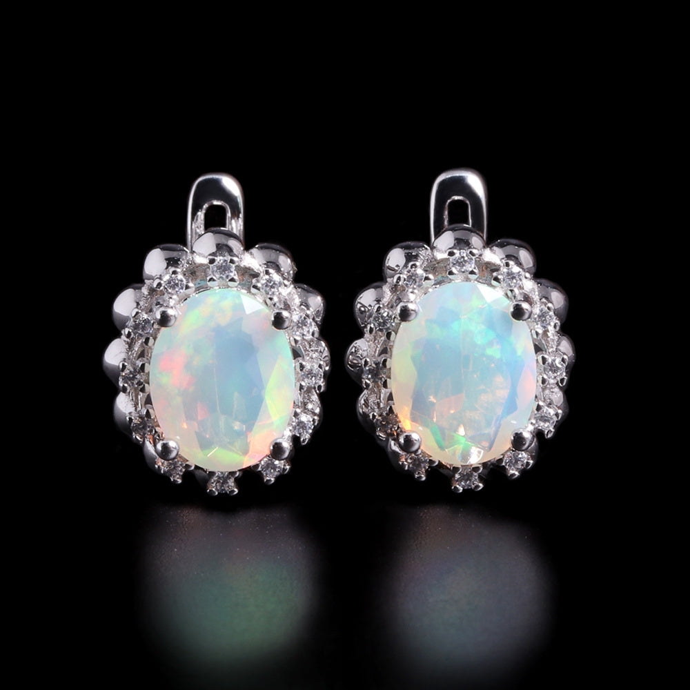 ‘Riley’ Oval Opal Halo Leverback Earrings – pair front