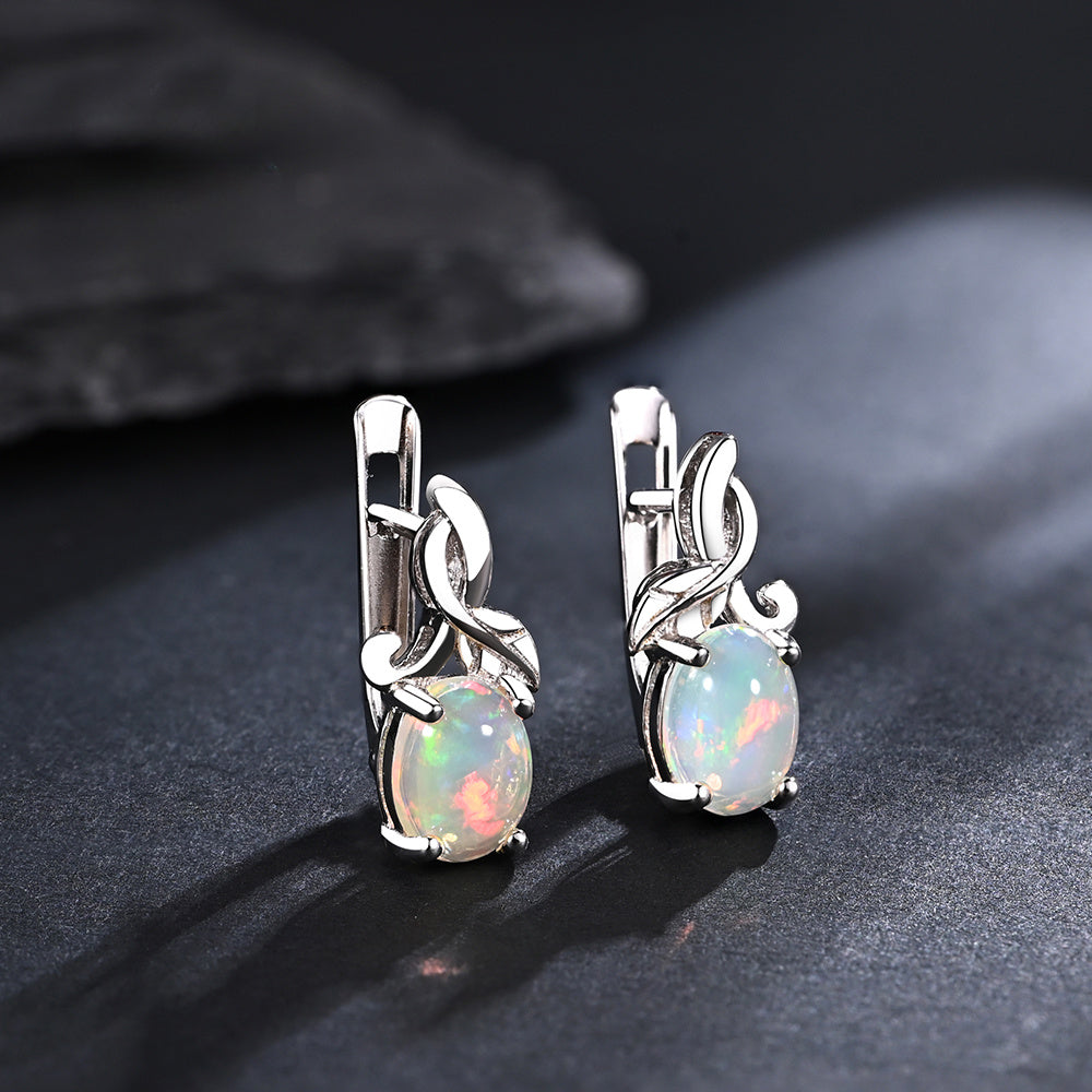 ‘Sage’ Oval Opal Leaf Vine Earrings – pair front