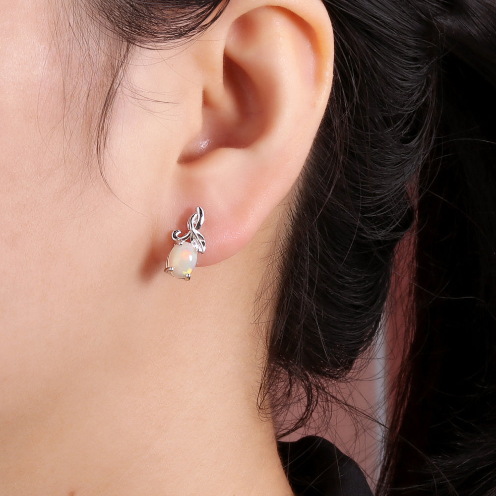 ‘Sage’ Oval Opal Leaf Vine Earrings – on ear