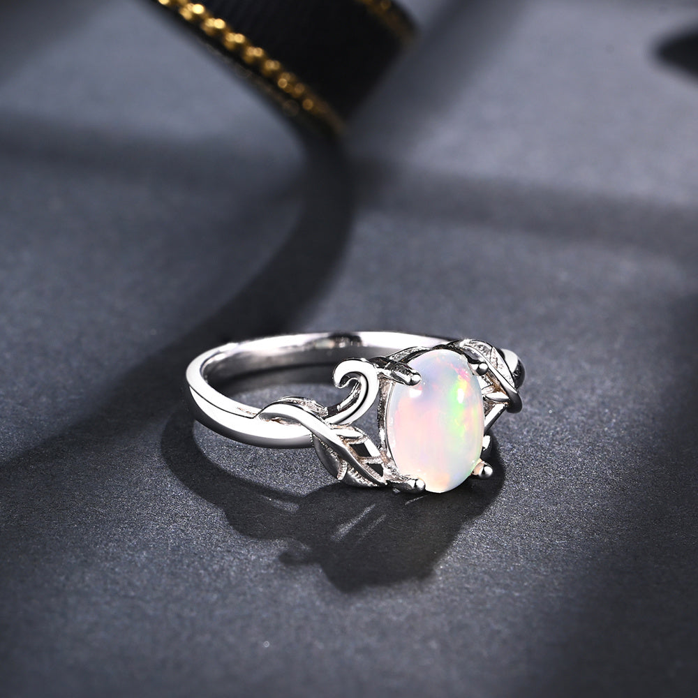 ‘Rosemary’ Oval Opal Leaf Vine Set – ring side view
