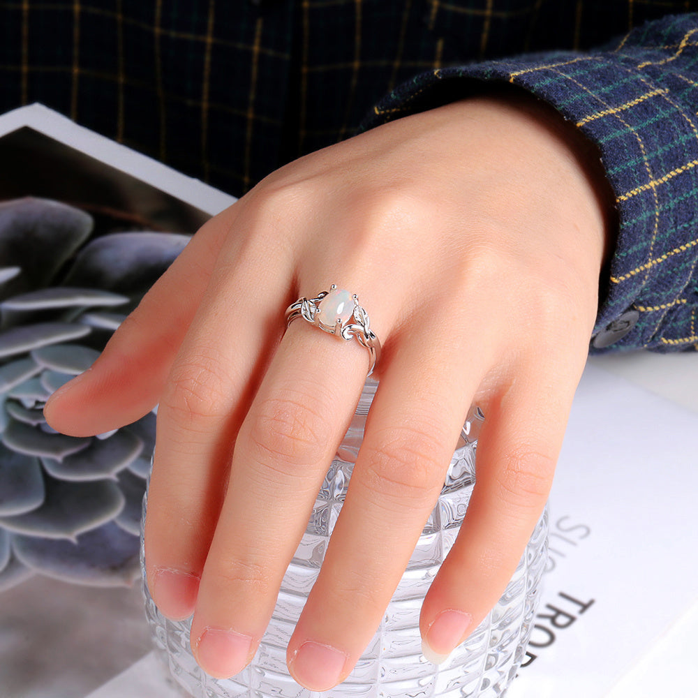 ‘Rosemary’ Oval Opal Leaf Vine Set – ring on hand