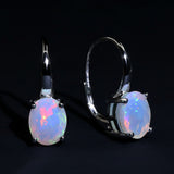 ‘Julia’ Oval Opal Leverback Drop Earrings – front and side