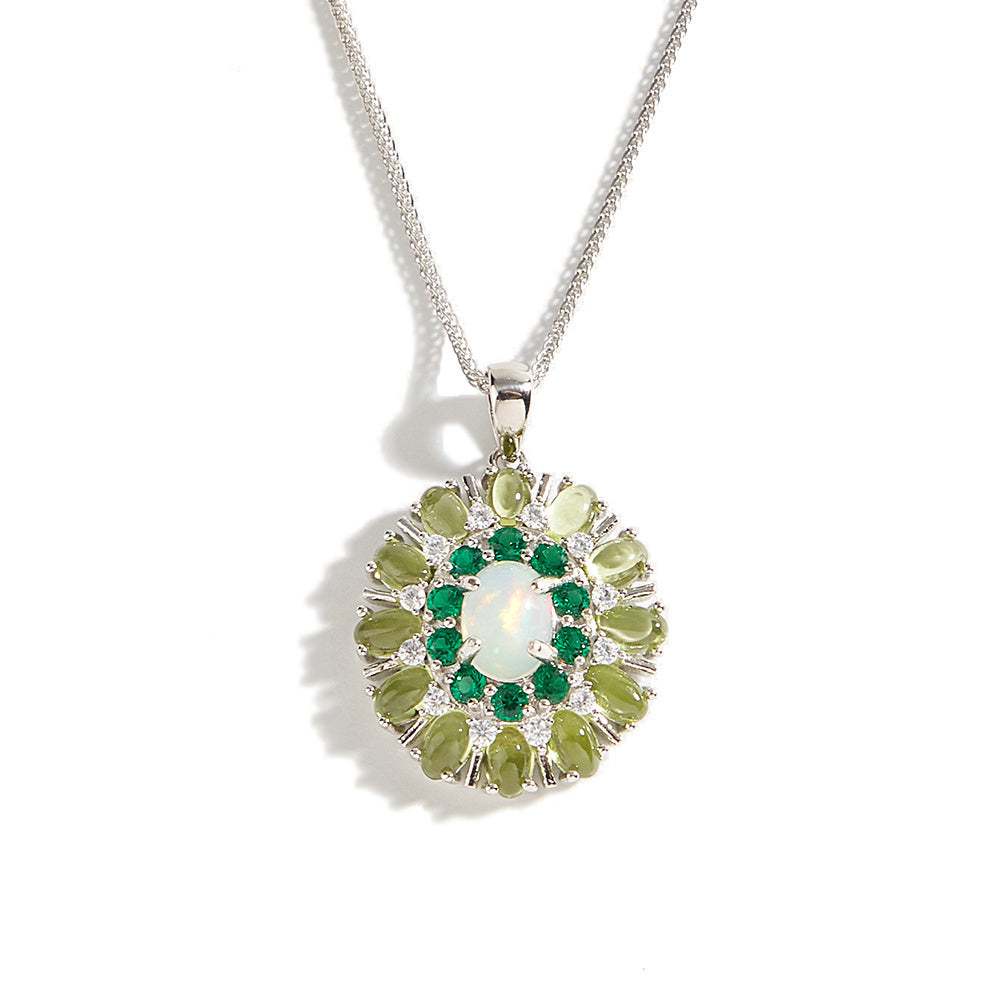 ‘Joy’ Oval Opal Peridot Sunburst Pendant – front white bg