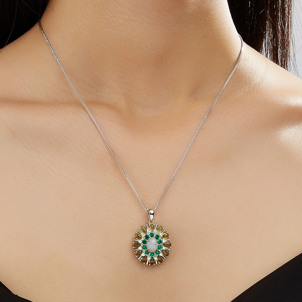 ‘Joy’ Oval Opal Peridot Sunburst Pendant – on neck