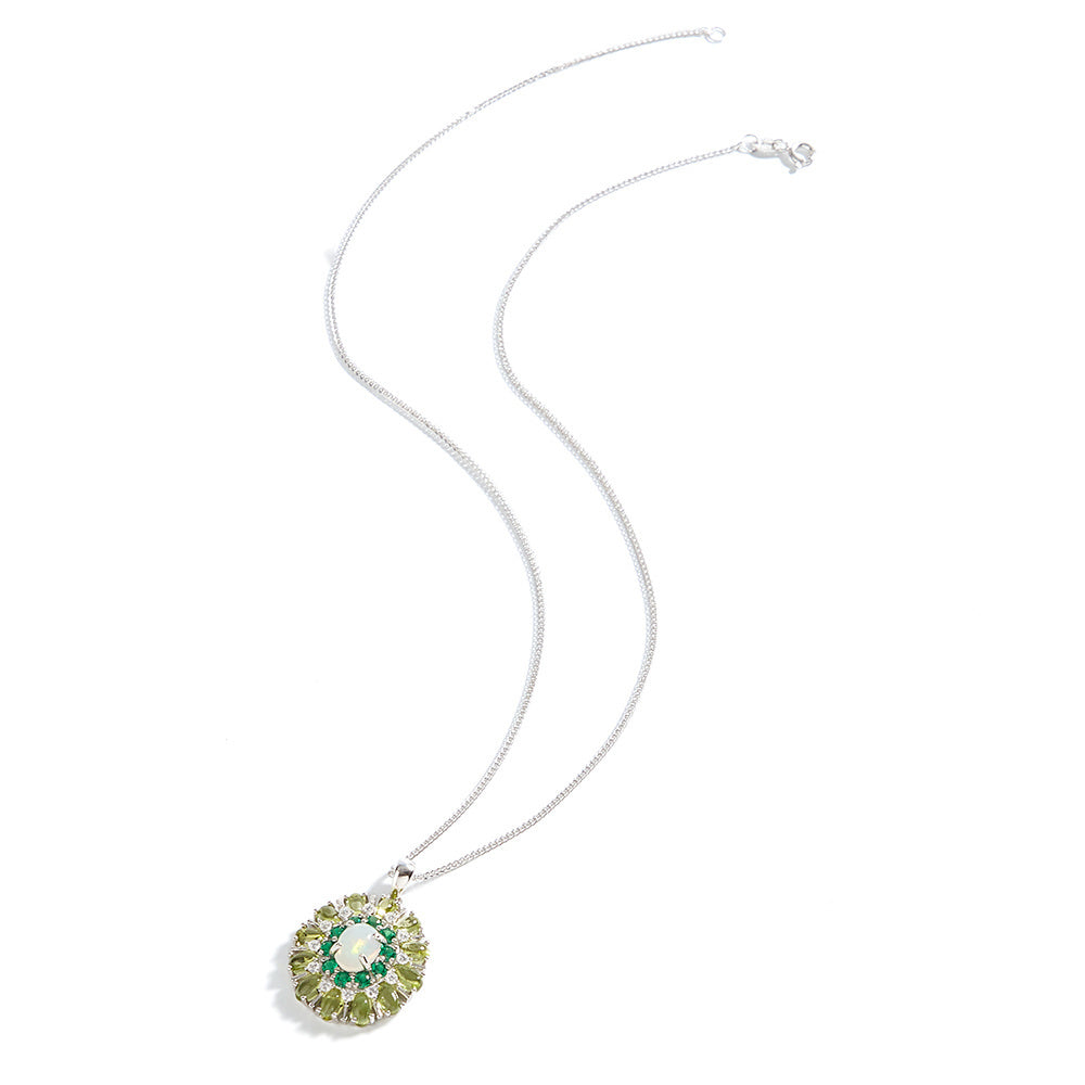 ‘Joy’ Oval Opal Peridot Sunburst Pendant – chain full length
