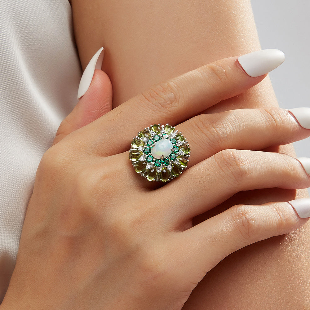 ‘Daintree’ Oval Opal Peridot Sunburst Set – ring on hand