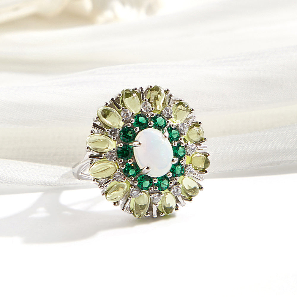‘Daintree’ Oval Opal Peridot Sunburst Set – ring top view