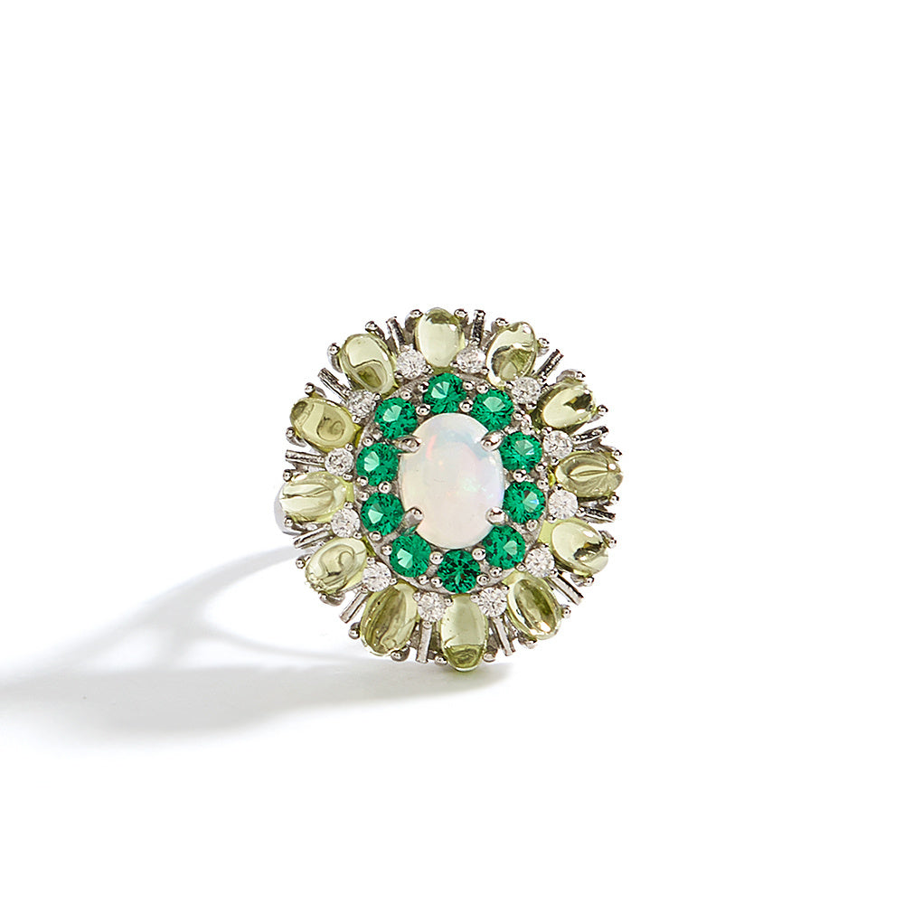 ‘Daintree’ Oval Opal Peridot Sunburst Set – ring front