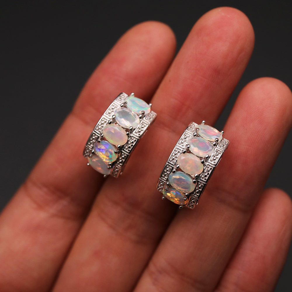 ‘Beatrice’ Oval Opal Row Hoop Earrings – on fingers