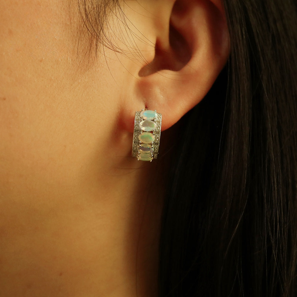 ‘Beatrice’ Oval Opal Row Hoop Earrings – on ear