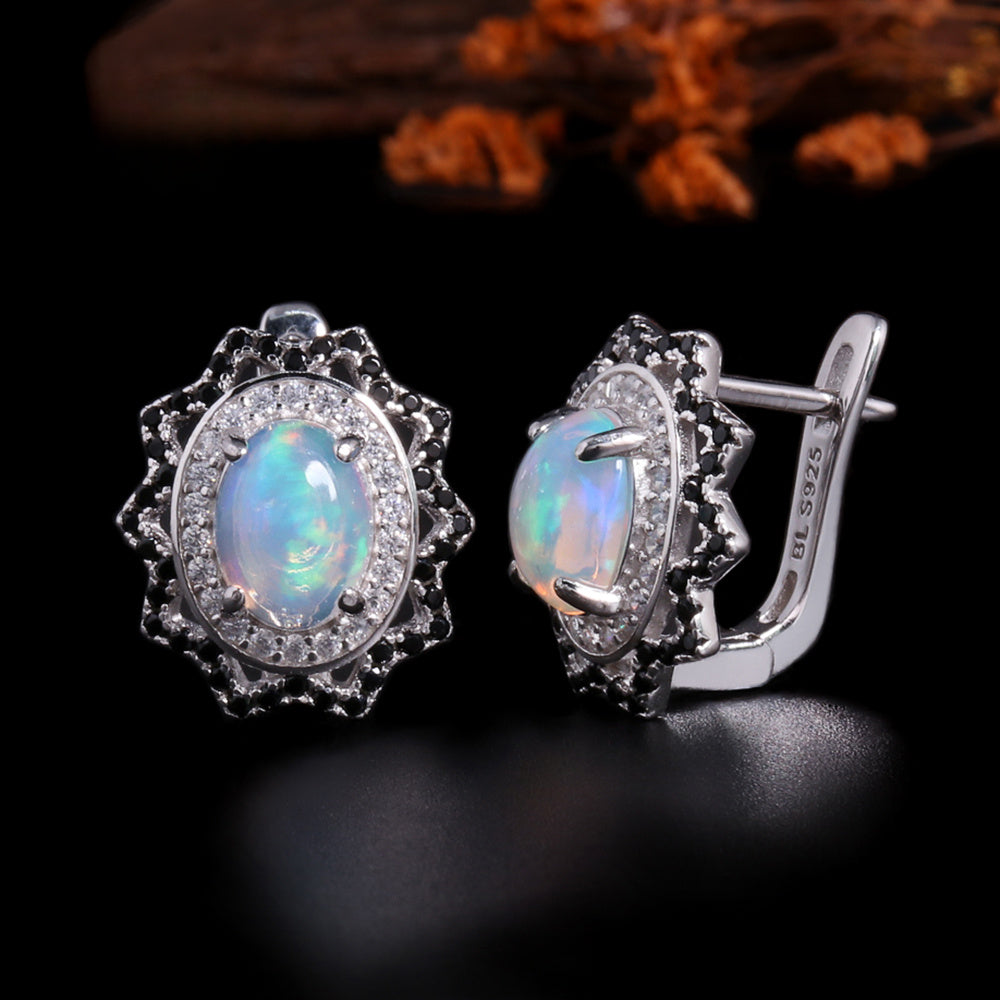 ‘Neve’ Oval Opal Starburst Halo Earrings