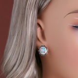 ‘Neve’ Oval Opal Starburst Halo Earrings – on ear