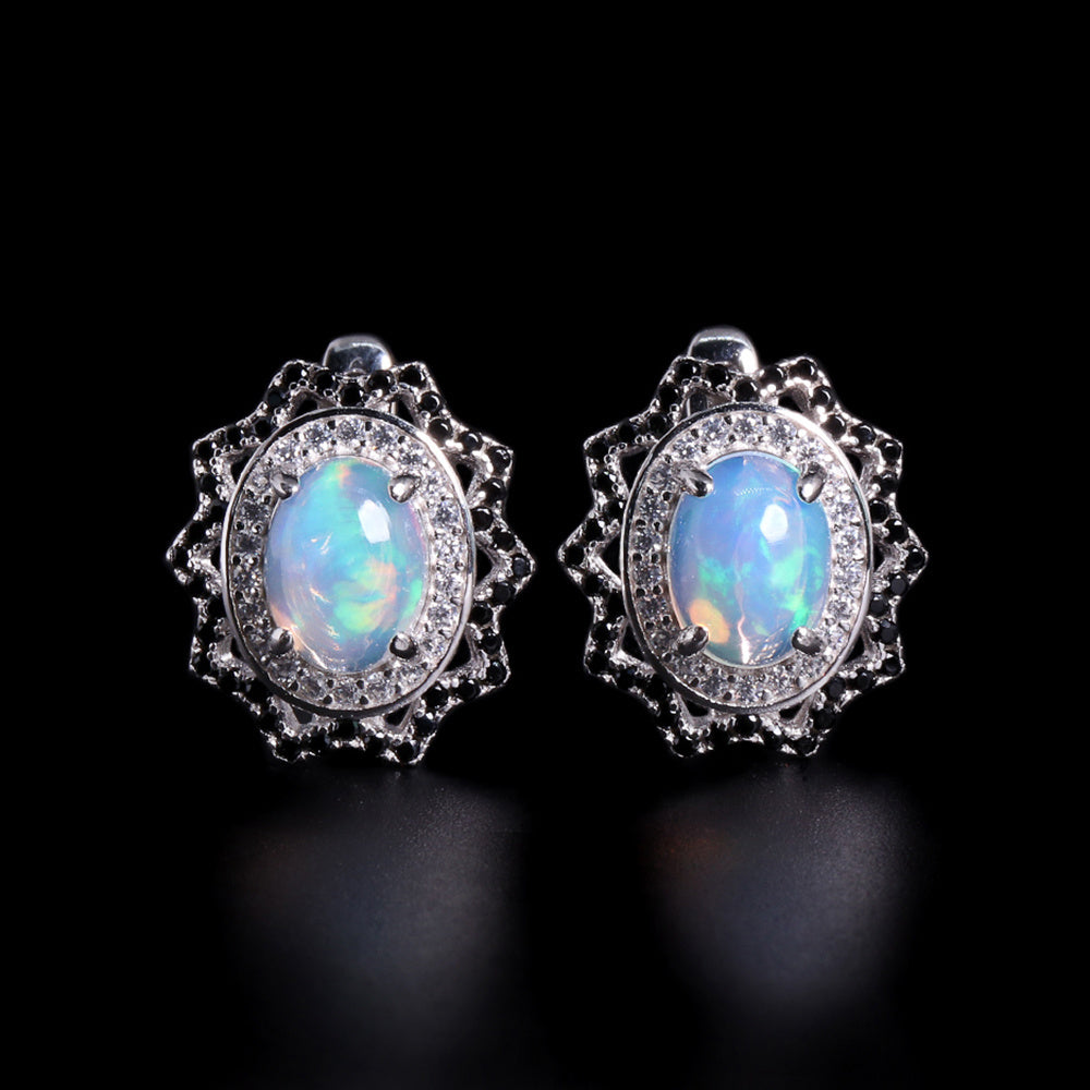 ‘Neve’ Oval Opal Starburst Halo Earrings – pair front