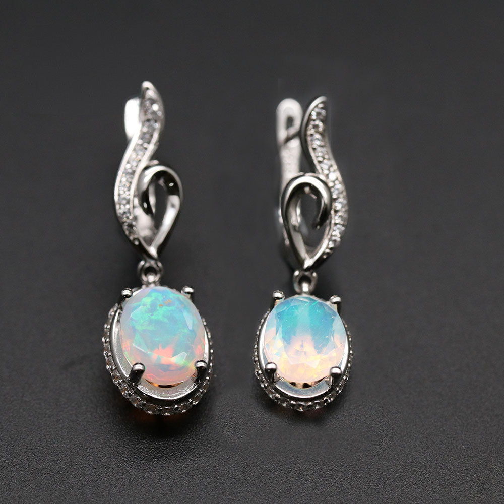 ‘River’ Oval Opal Swirl Drop Earrings – on grey