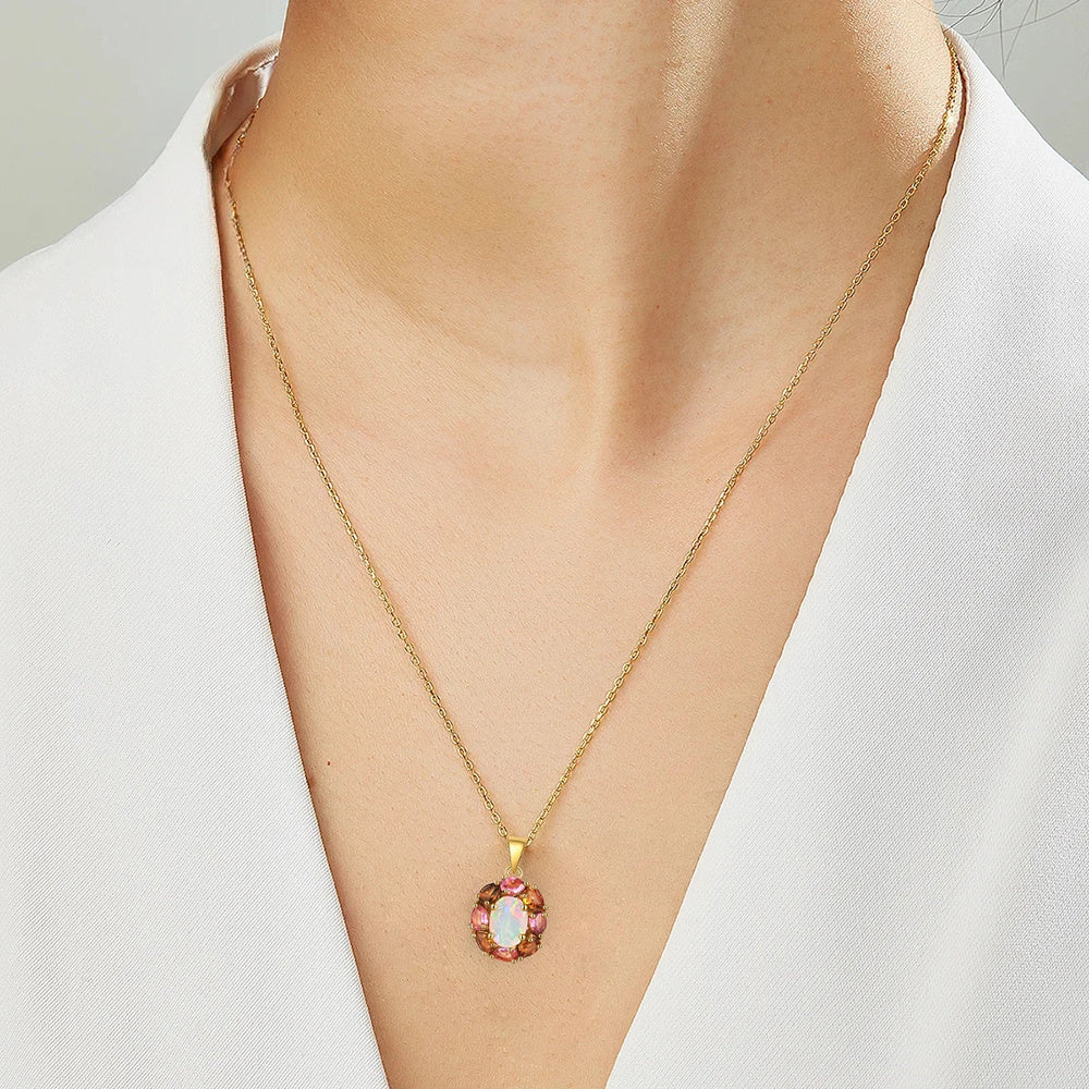 ‘Clarissa’ Oval Opal Tourmaline Cluster Set – pendant on neck