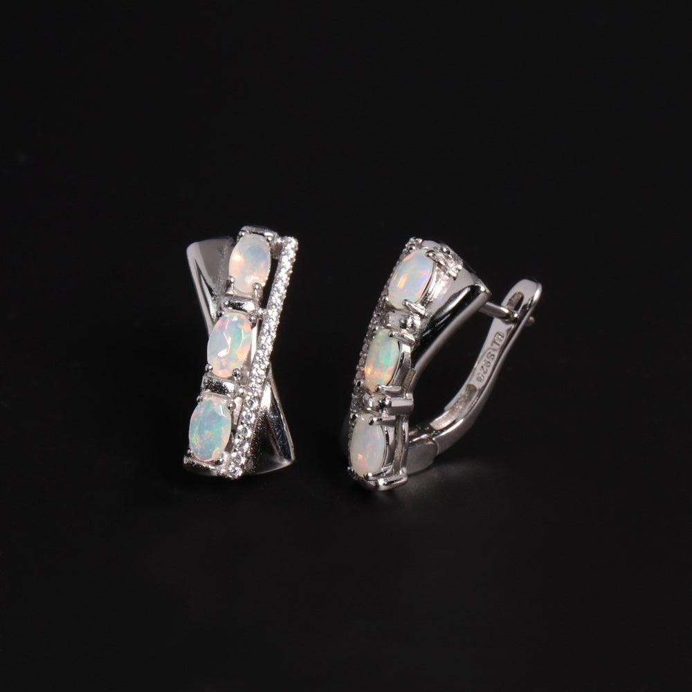 ‘Tessa’ Oval Opal X Cross Earrings – side lever