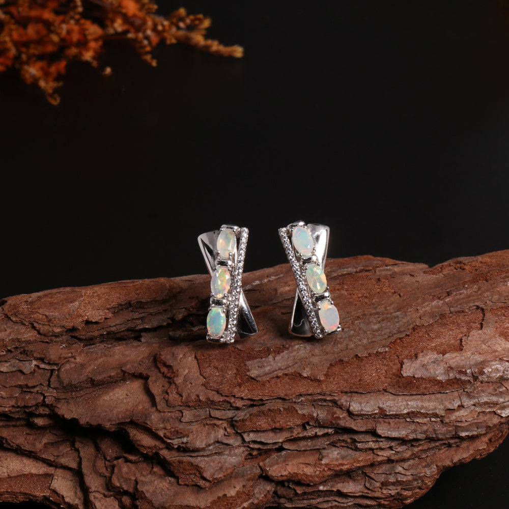 ‘Tessa’ Oval Opal X Cross Earrings – on wood