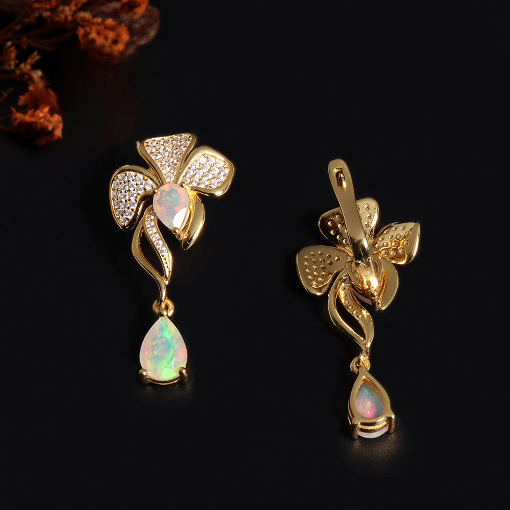 ‘Mimosa’ Pave Flower Opal Drop Earrings – front and back