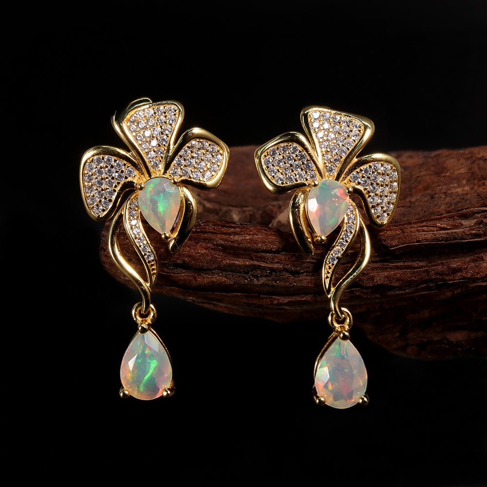 ‘Mimosa’ Pave Flower Opal Drop Earrings – on driftwood