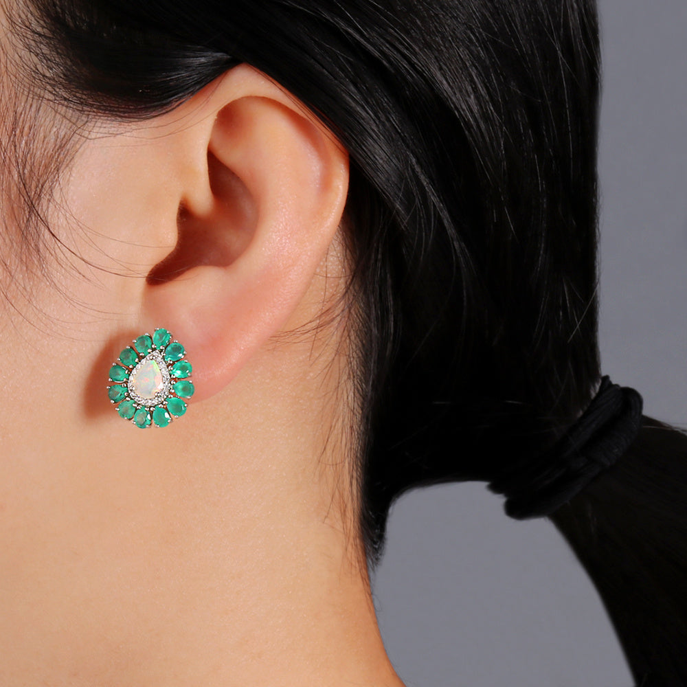 ‘Myrtle’ Pear Opal Agate Flower Earrings