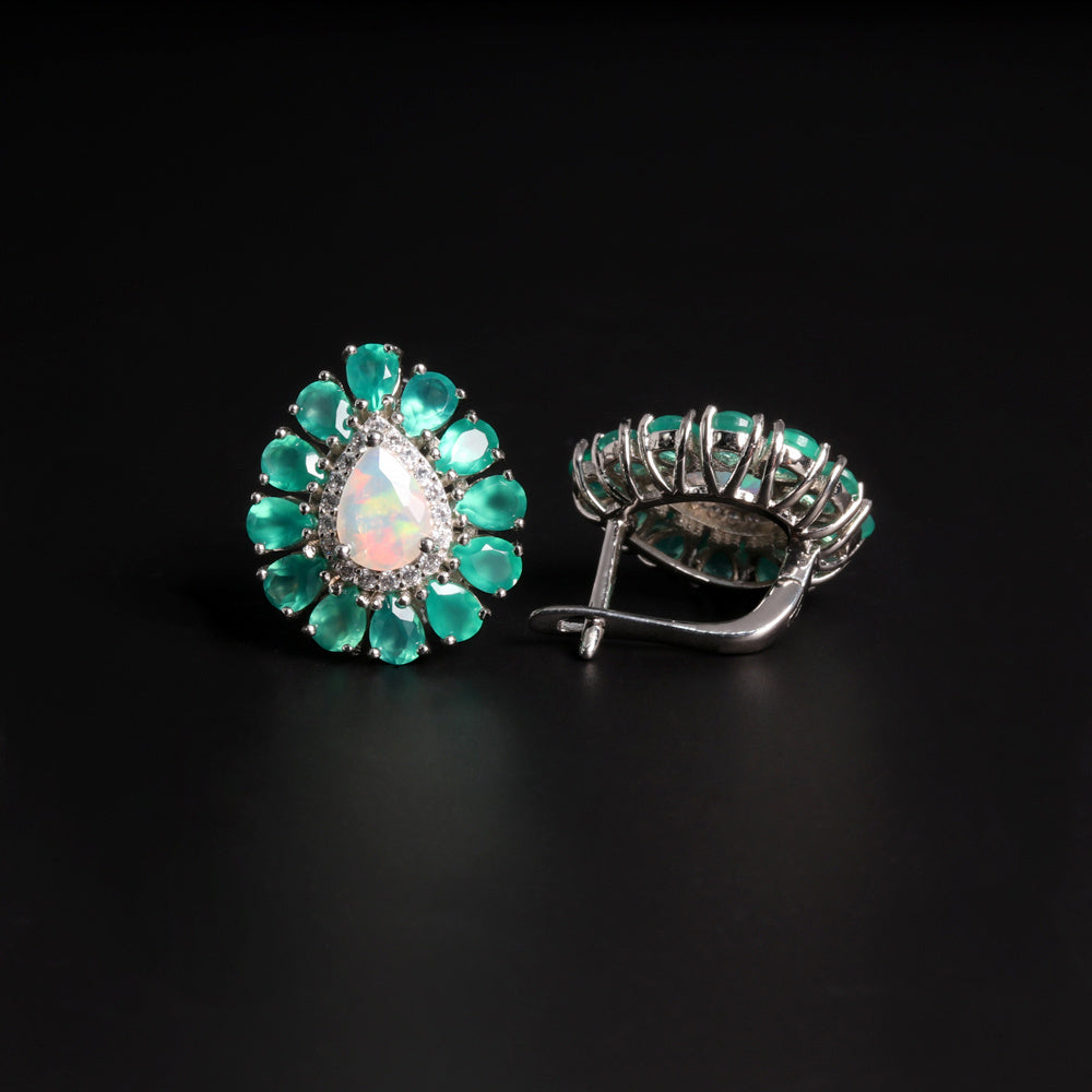 ‘Myrtle’ Pear Opal Agate Flower Earrings – side view