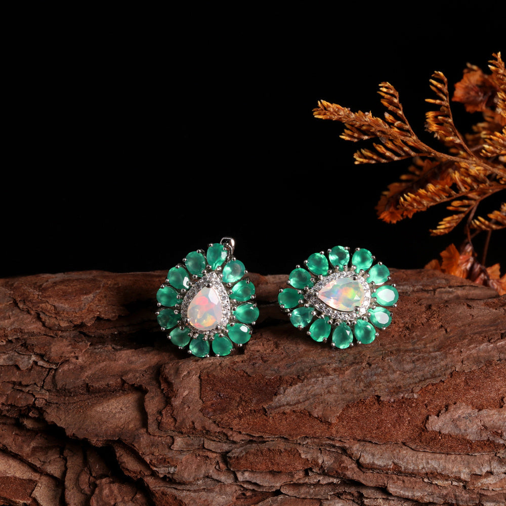 ‘Myrtle’ Pear Opal Agate Flower Earrings – on wood