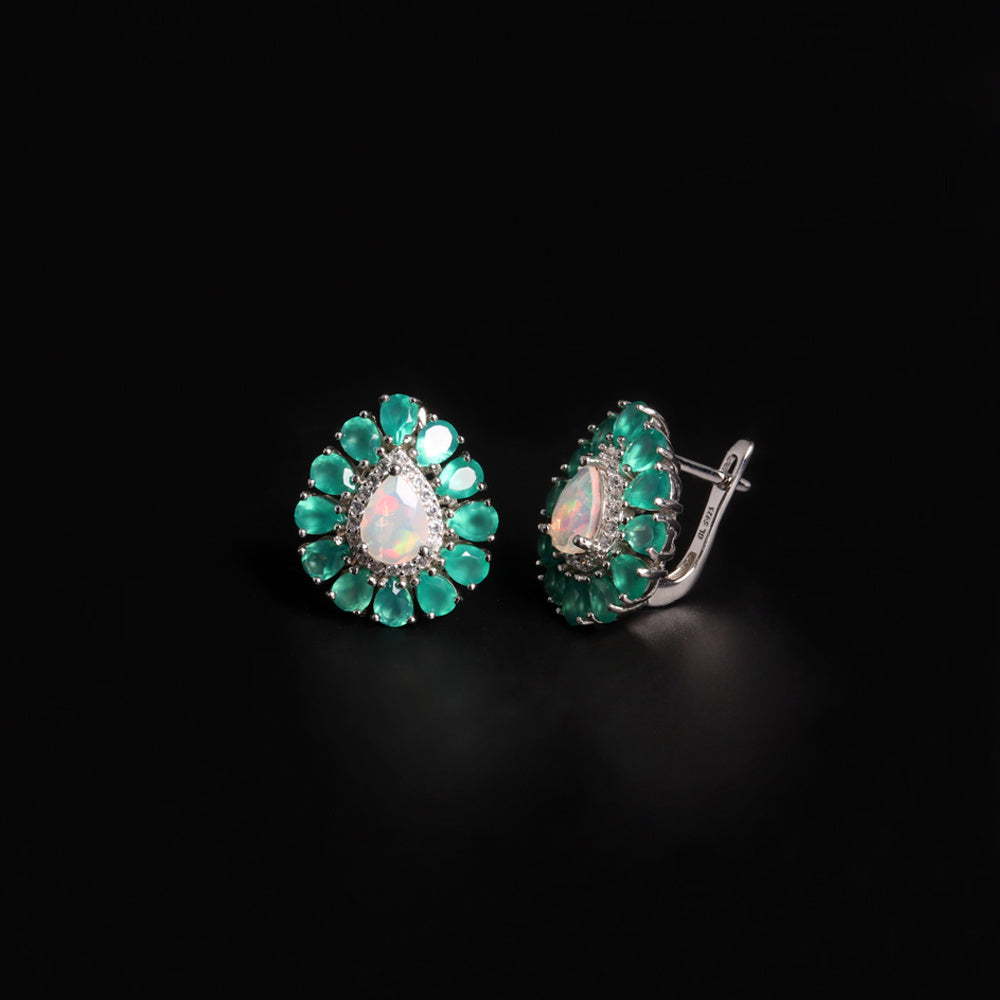 ‘Myrtle’ Pear Opal Agate Flower Earrings – angled pair