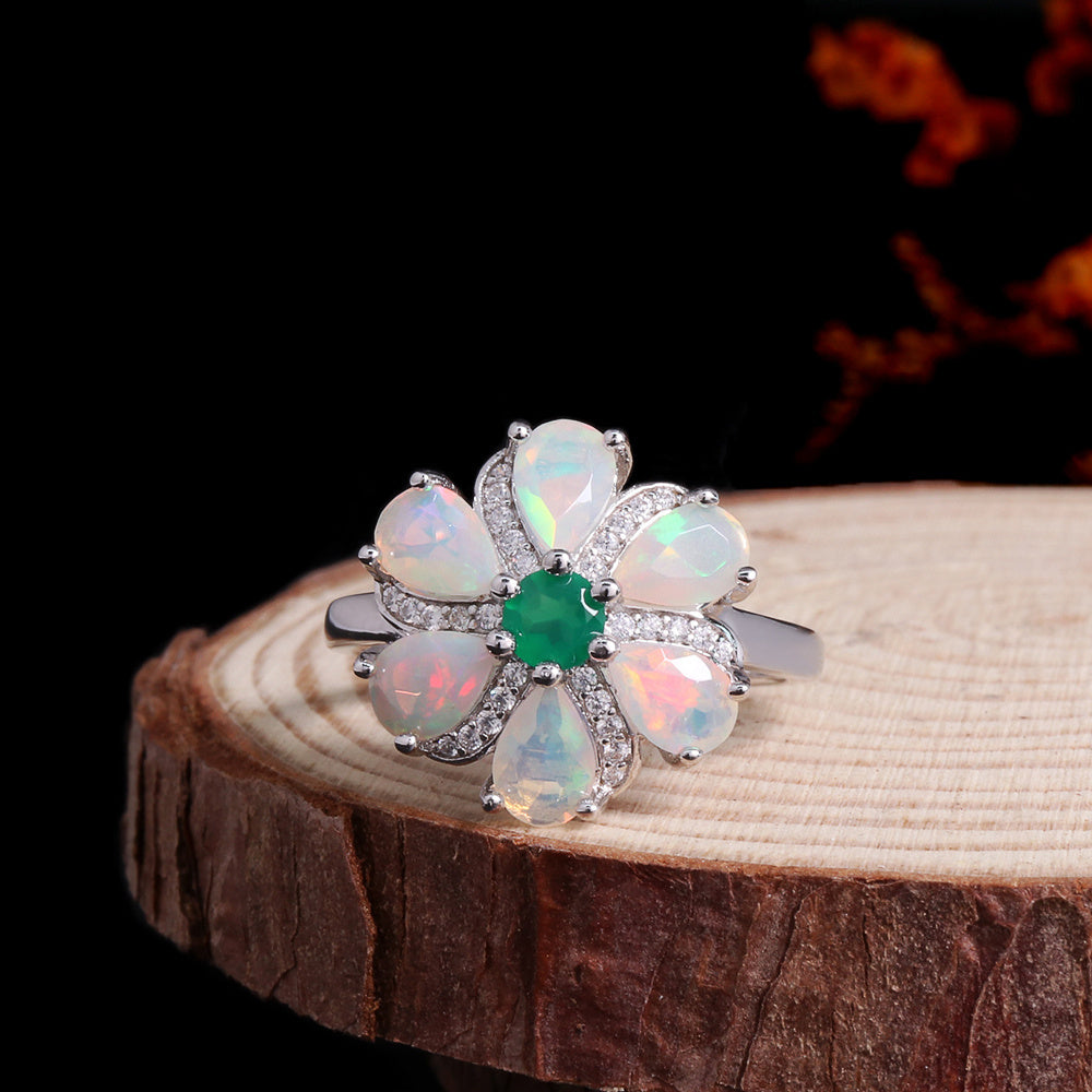‘Meadow’ Pear Opal Agate Flower Set – ring on wood