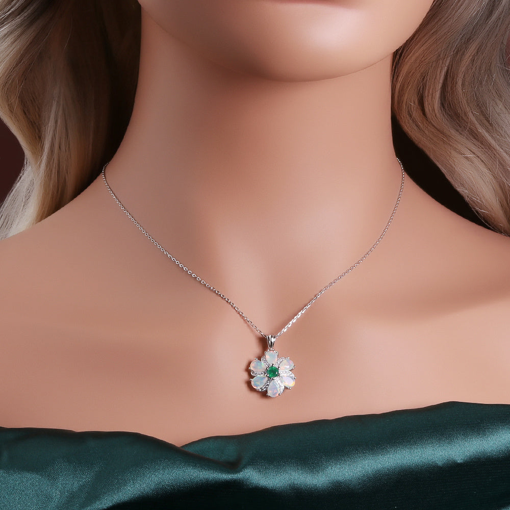 ‘Meadow’ Pear Opal Agate Flower Set – on neck