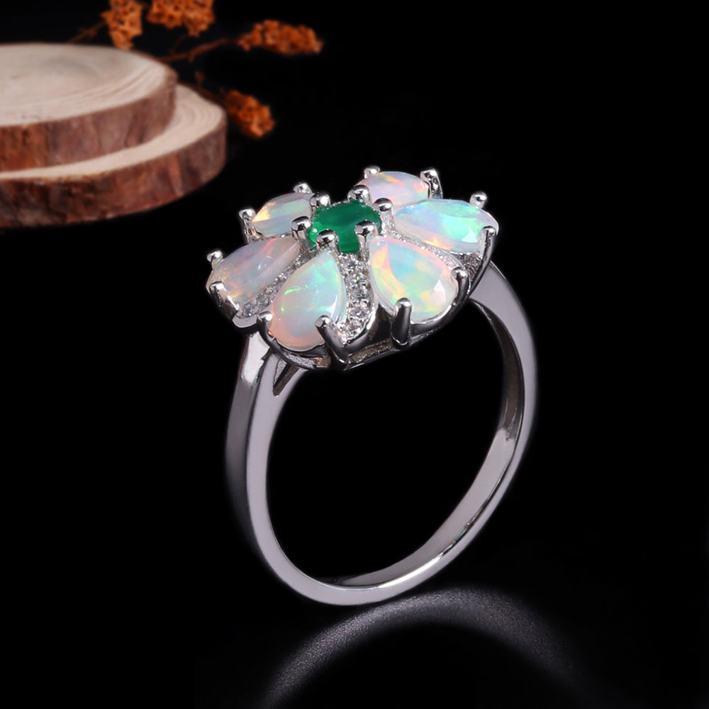‘Meadow’ Pear Opal Agate Flower Set – ring standing on wood