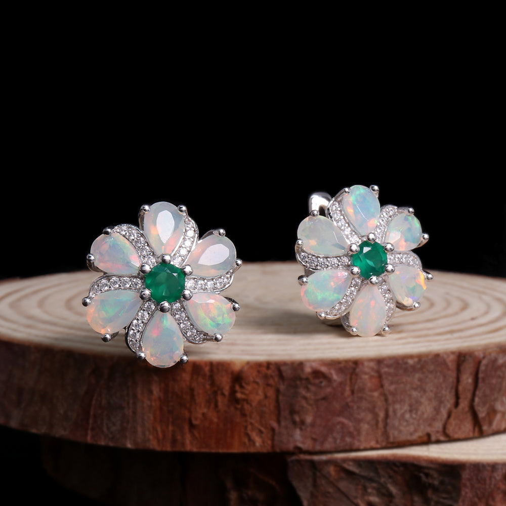 ‘Meadow’ Pear Opal Agate Flower Set – earrings on wood