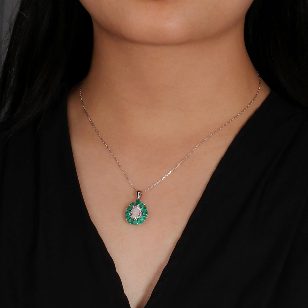 ‘Winton’ Pear Opal Agate Halo Pendant – on neck