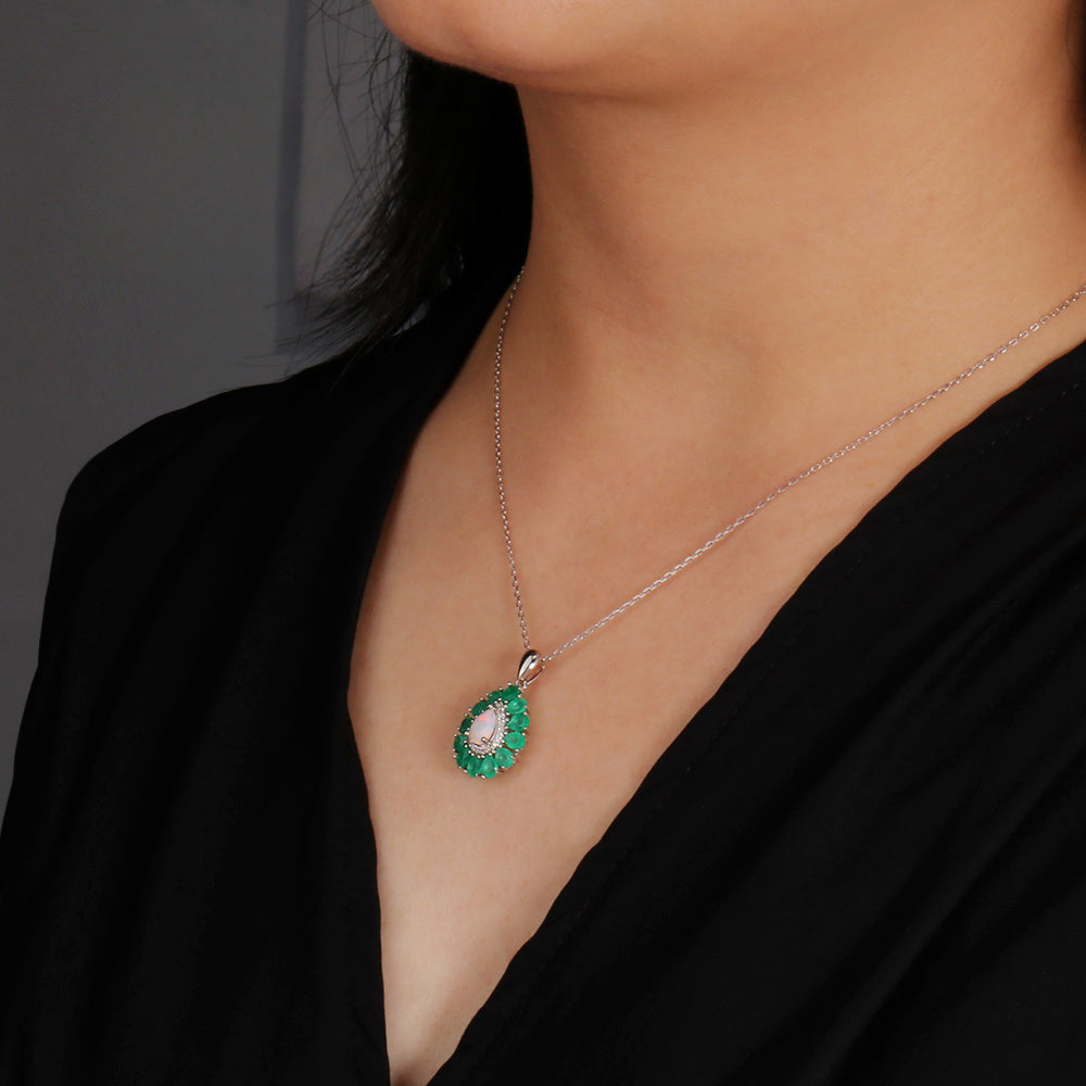 ‘Winton’ Pear Opal Agate Halo Pendant – on neck side