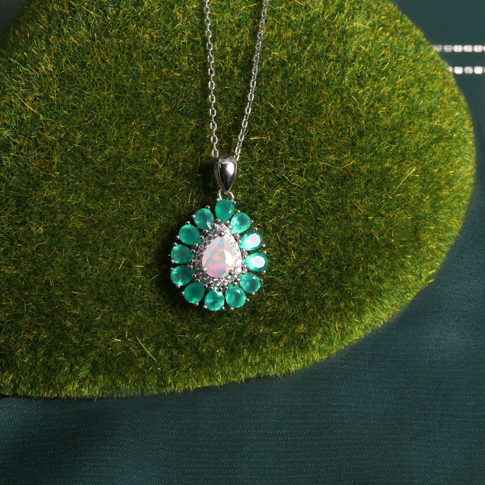 ‘Winton’ Pear Opal Agate Halo Pendant – on moss