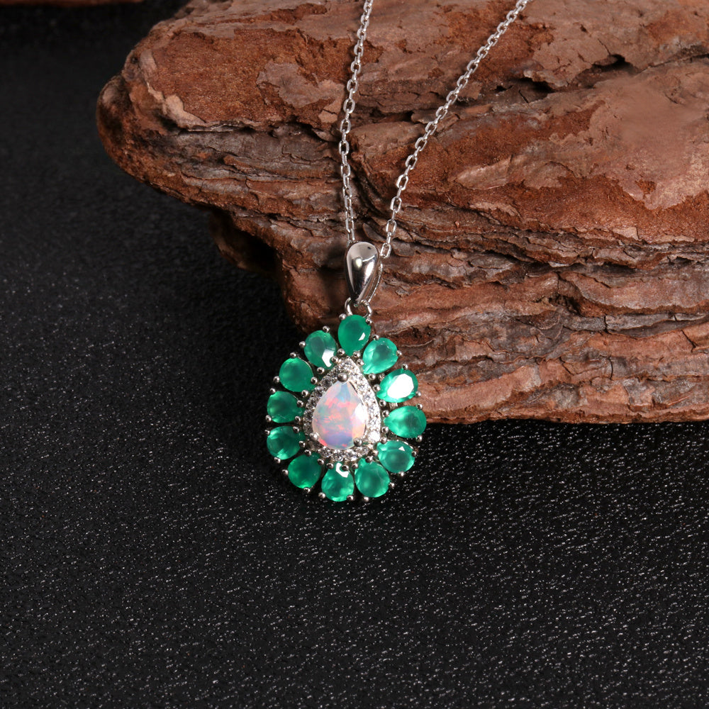 ‘Winton’ Pear Opal Agate Halo Pendant – on red rock