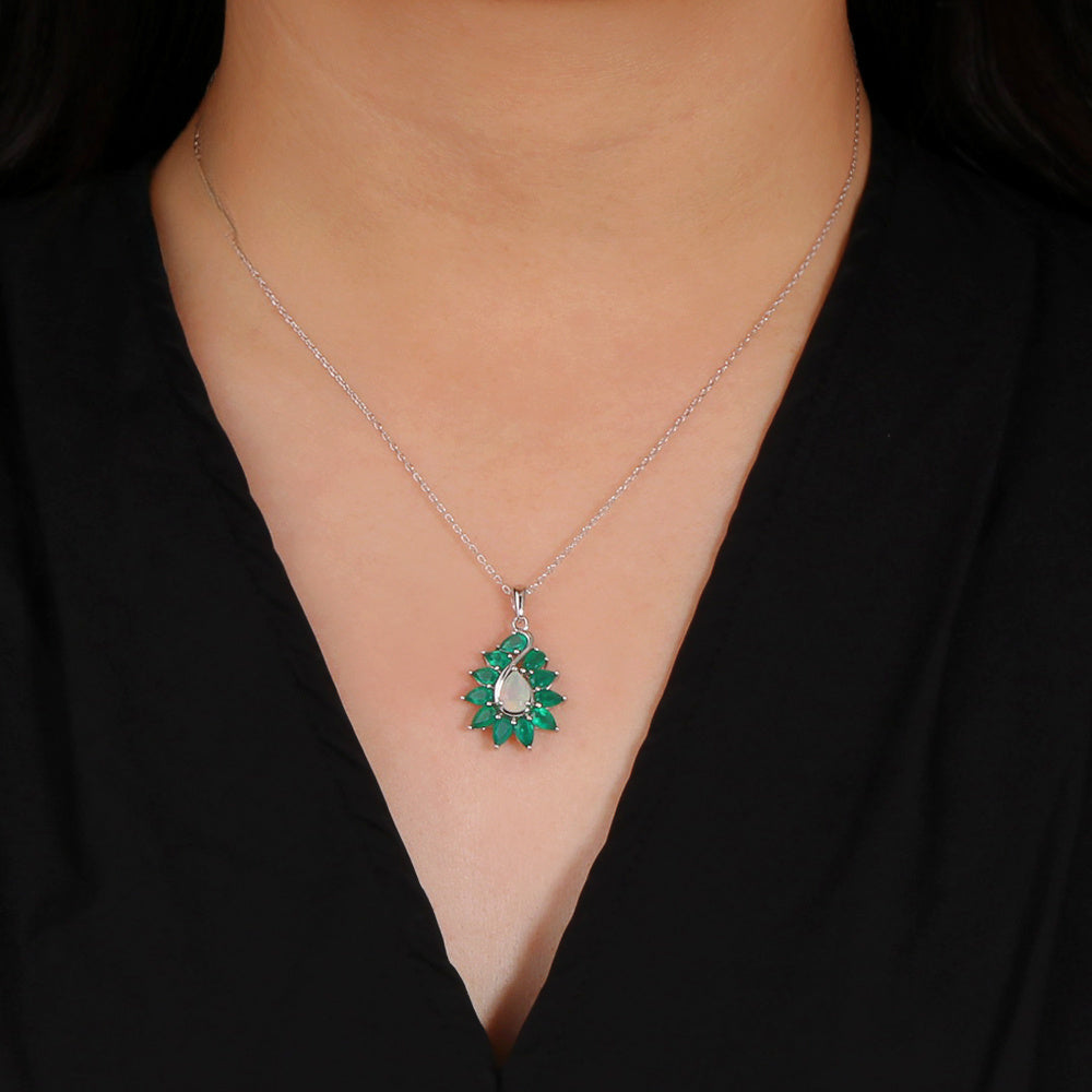 ‘Finley’ Pear Opal Agate Leaf Pendant – on neck