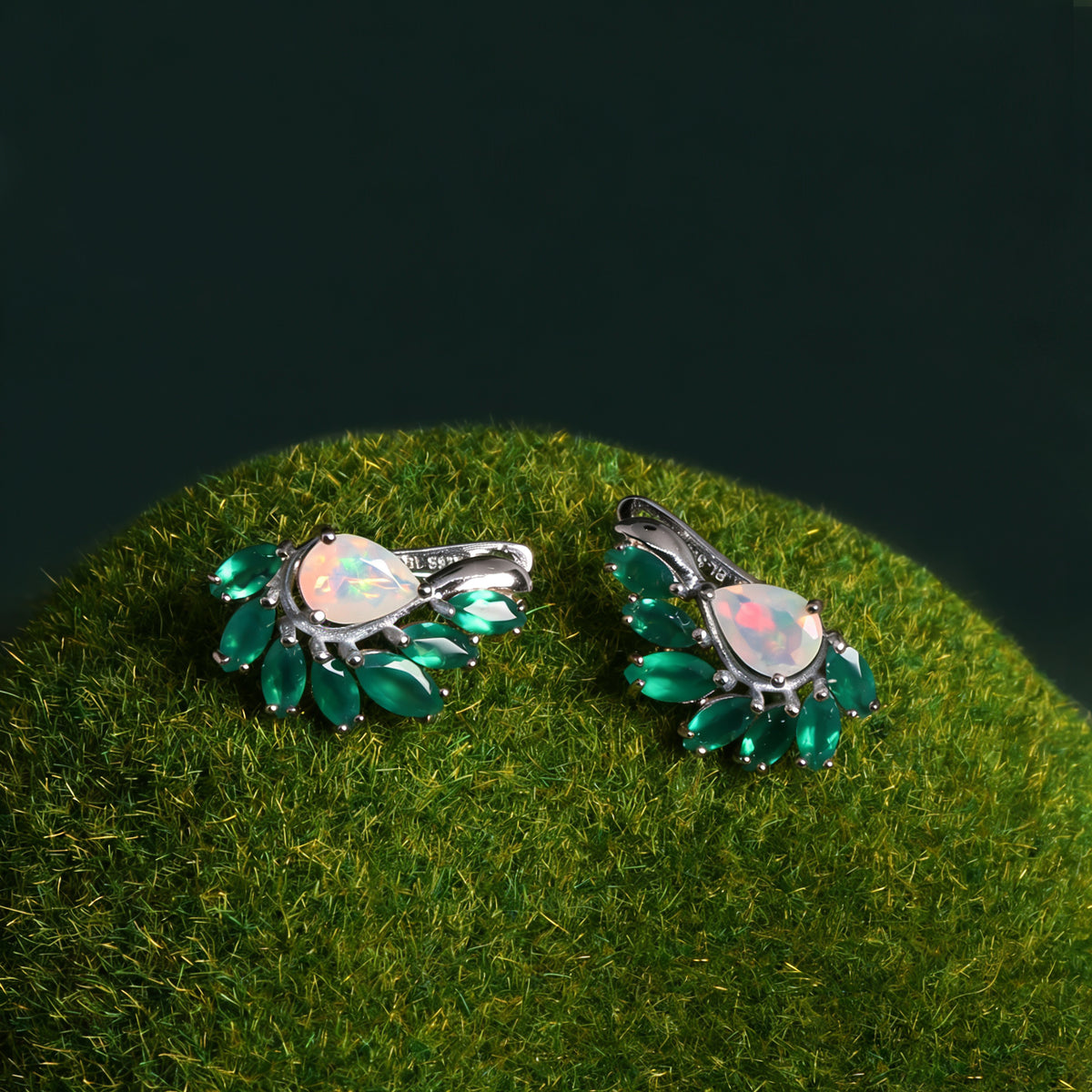 ‘Sloane’ Pear Opal Agate Wing Earrings – on moss
